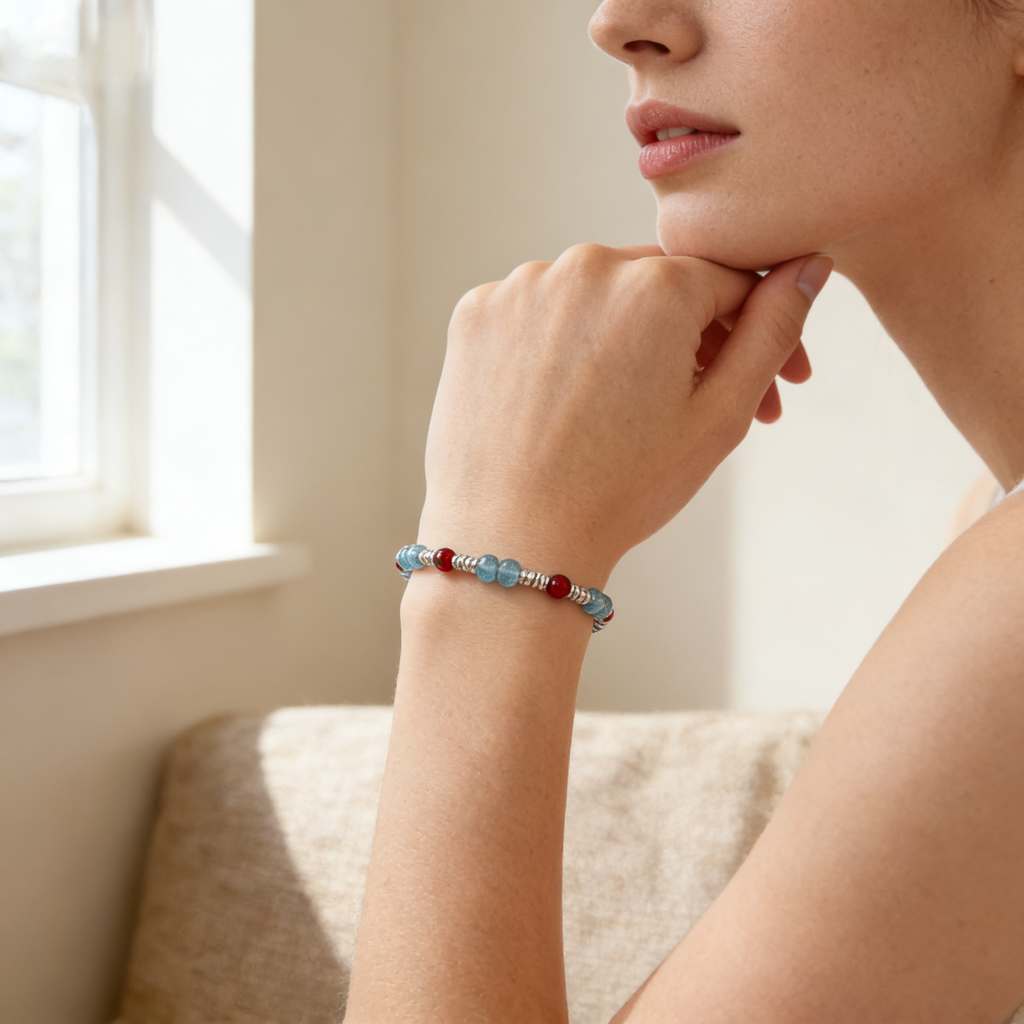 Aquamarine Red Agate Beaded Bracelet