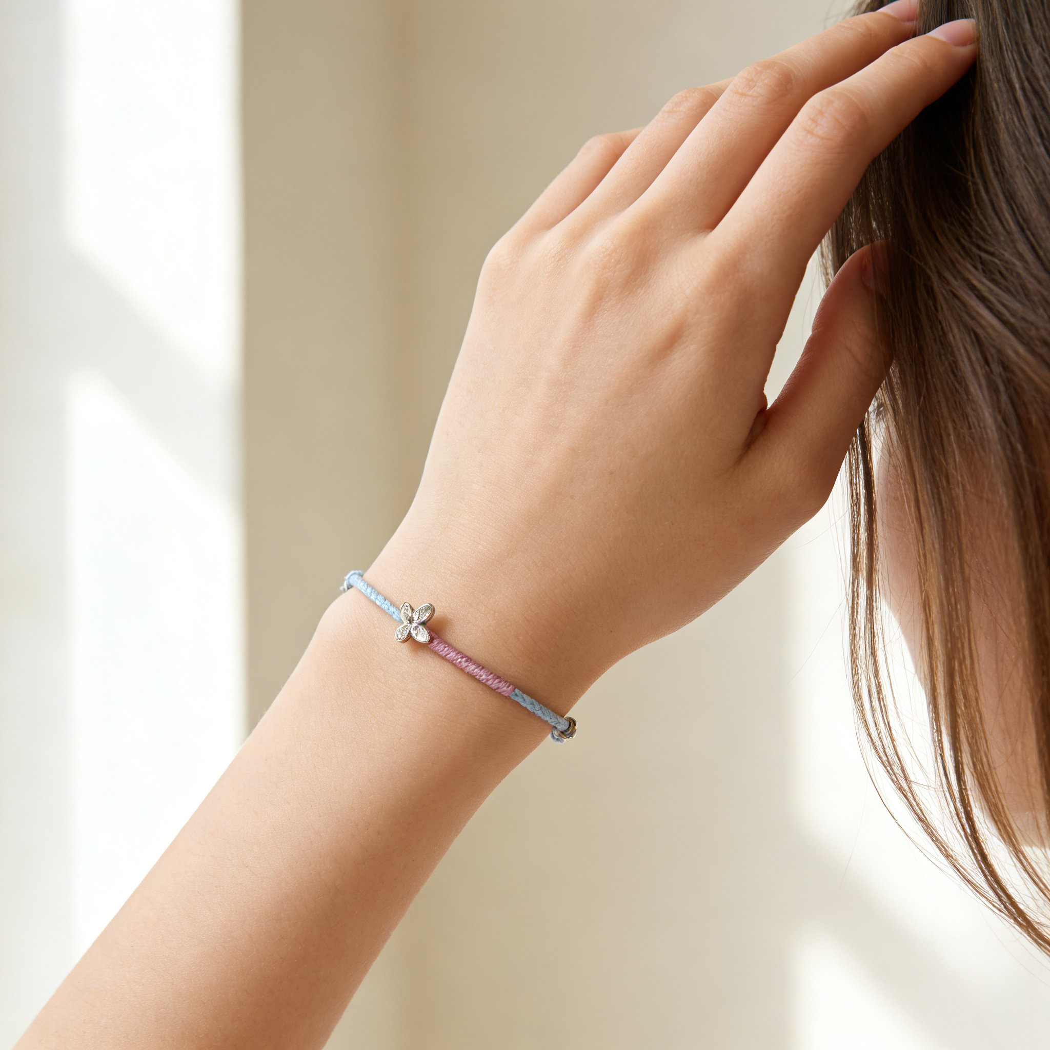 Blue Pink Flower Cord Bracelet