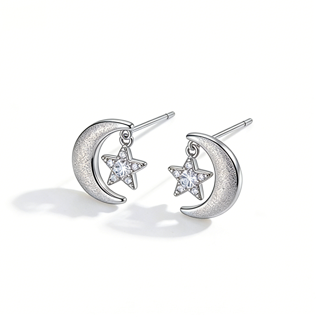 Moon & Star CZ Drop Earrings