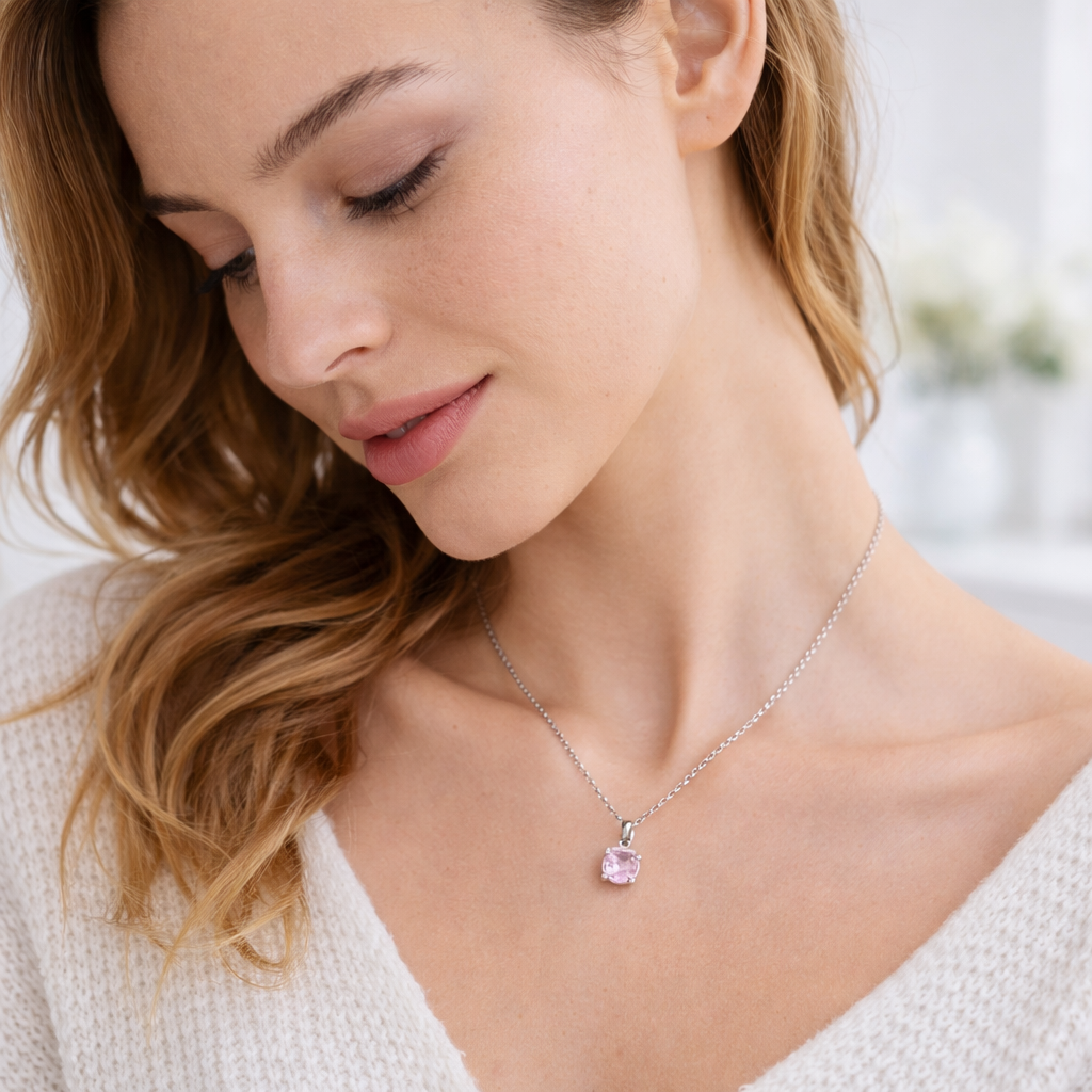 Cushion Cut Pink Stone Pendant Silver Necklace