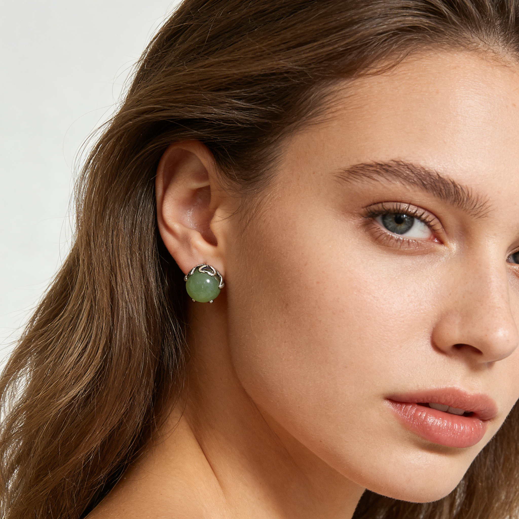 Green Jade Ball Stud Earrings