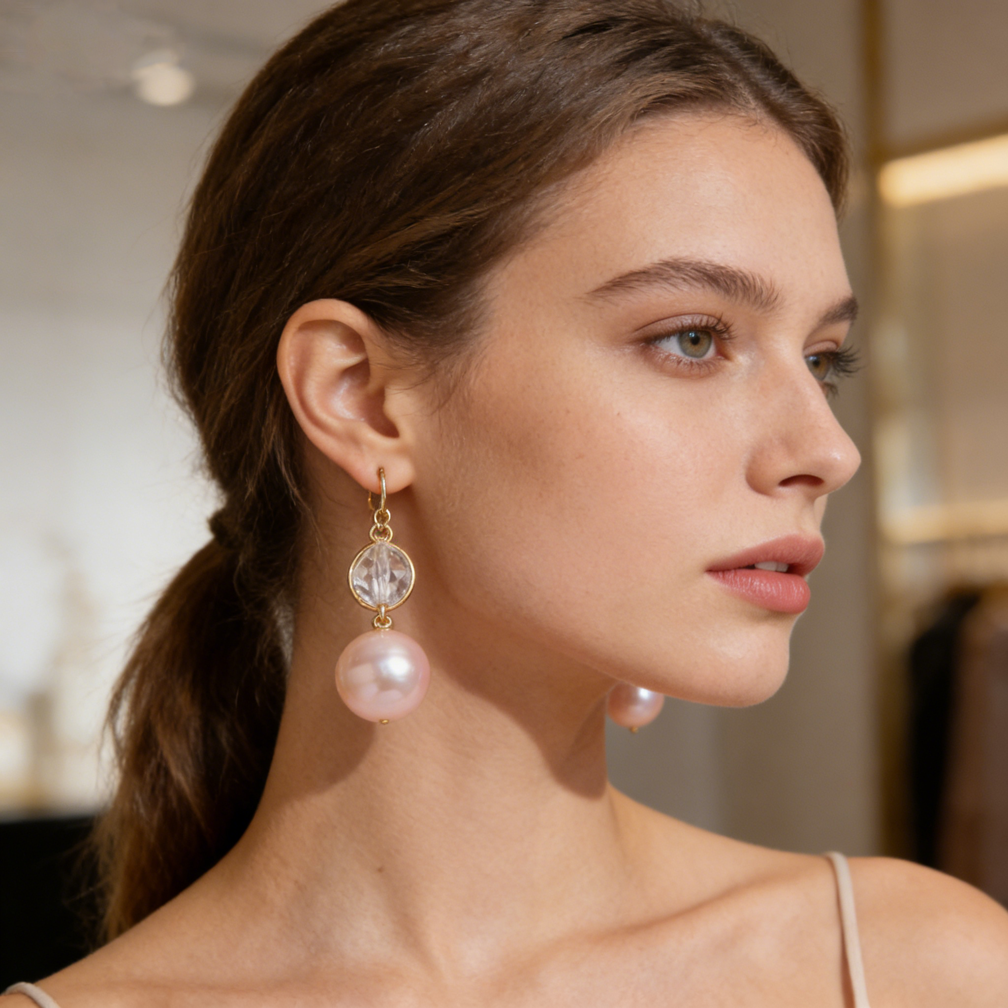 Crystal & Pink Pearl Drop Earrings