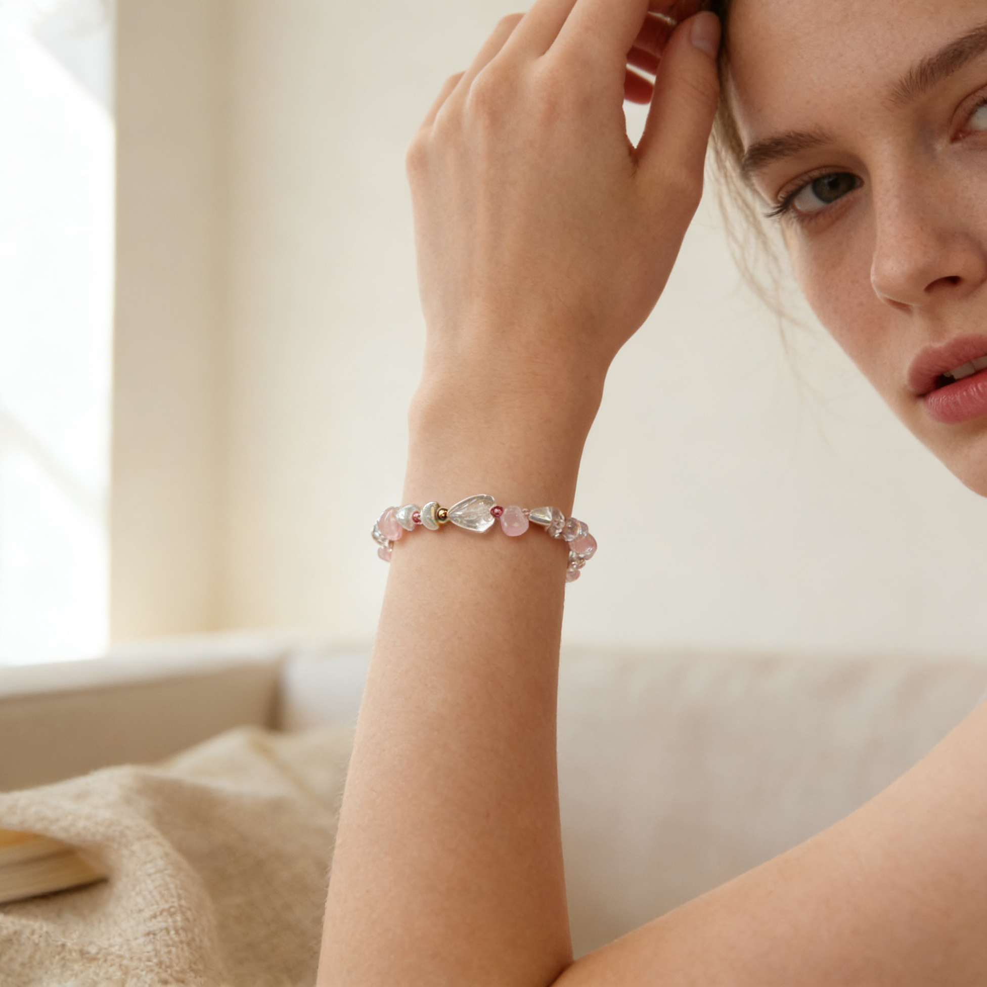 Pink Quartz & Clear Bead Bracelet